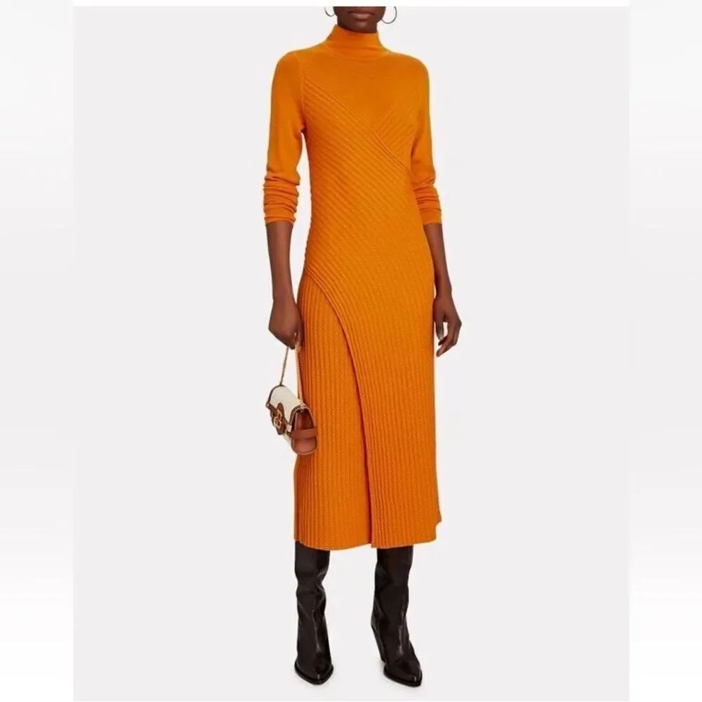 AMUR Leticia Cable Knit Midi Dress Mustard 100% Merino Wool Sz XS
